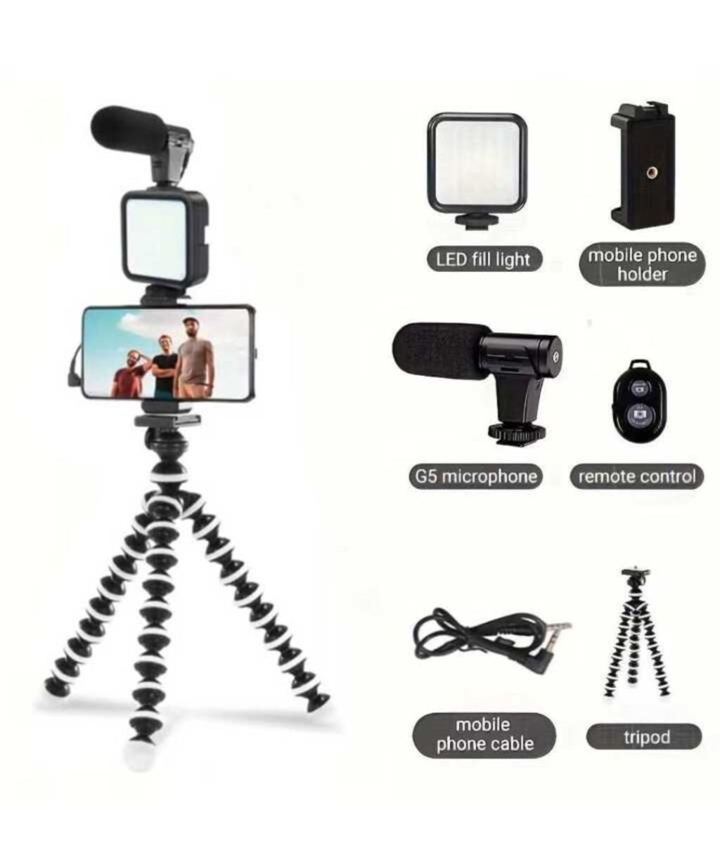 Smartphone Tripod, Portable Flexible Tripod Stand With Led Light, Phone Holder, Microphone, Wireless Remote For Video Recording Content Creation Kit Vlog