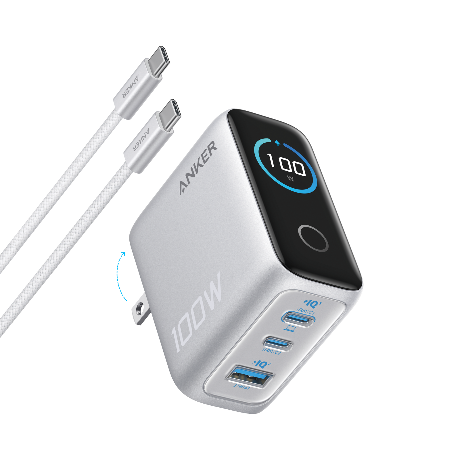 شاحن حائط Anker بقدرة 100 واط، 3 منافذ USB-C مع شاشة ذكية وكابل USB-C | فضي