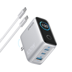 شاحن حائط Anker بقدرة 100 واط، 3 منافذ USB-C مع شاشة ذكية وكابل USB-C | فضي