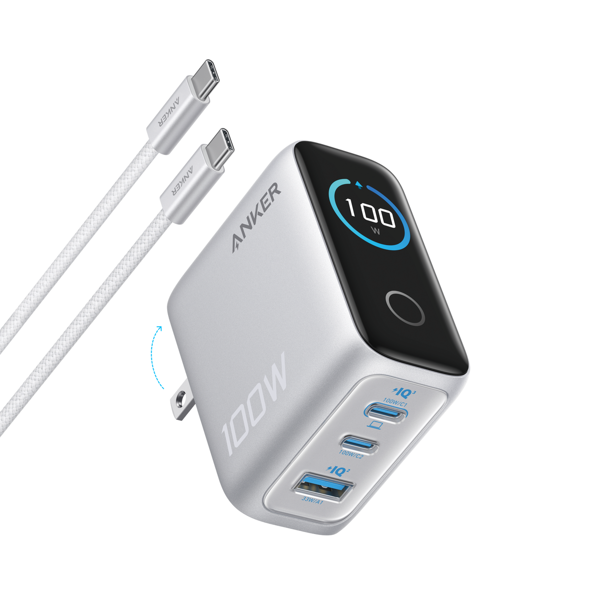 شاحن حائط Anker بقدرة 100 واط، 3 منافذ USB-C مع شاشة ذكية وكابل USB-C | فضي
