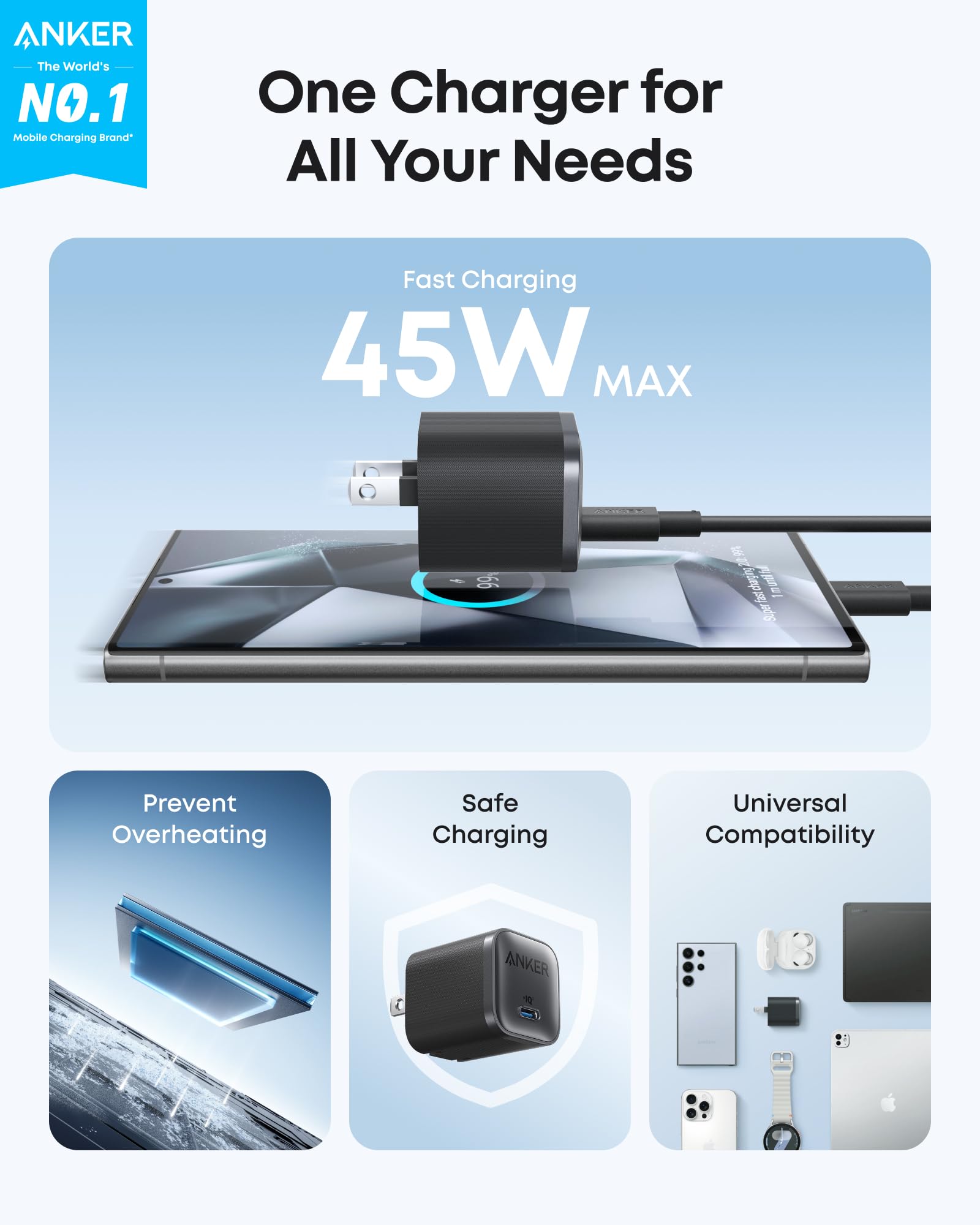 شاحن ANKER Nano بقدرة 45 واط – شحن سريع مع كابل USB-C إلى USB-C | أسود