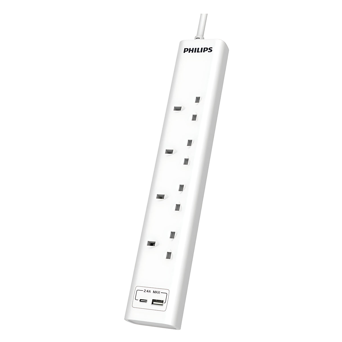 Philips Extension Lead 2m with USB-A & USB-C Ports | White