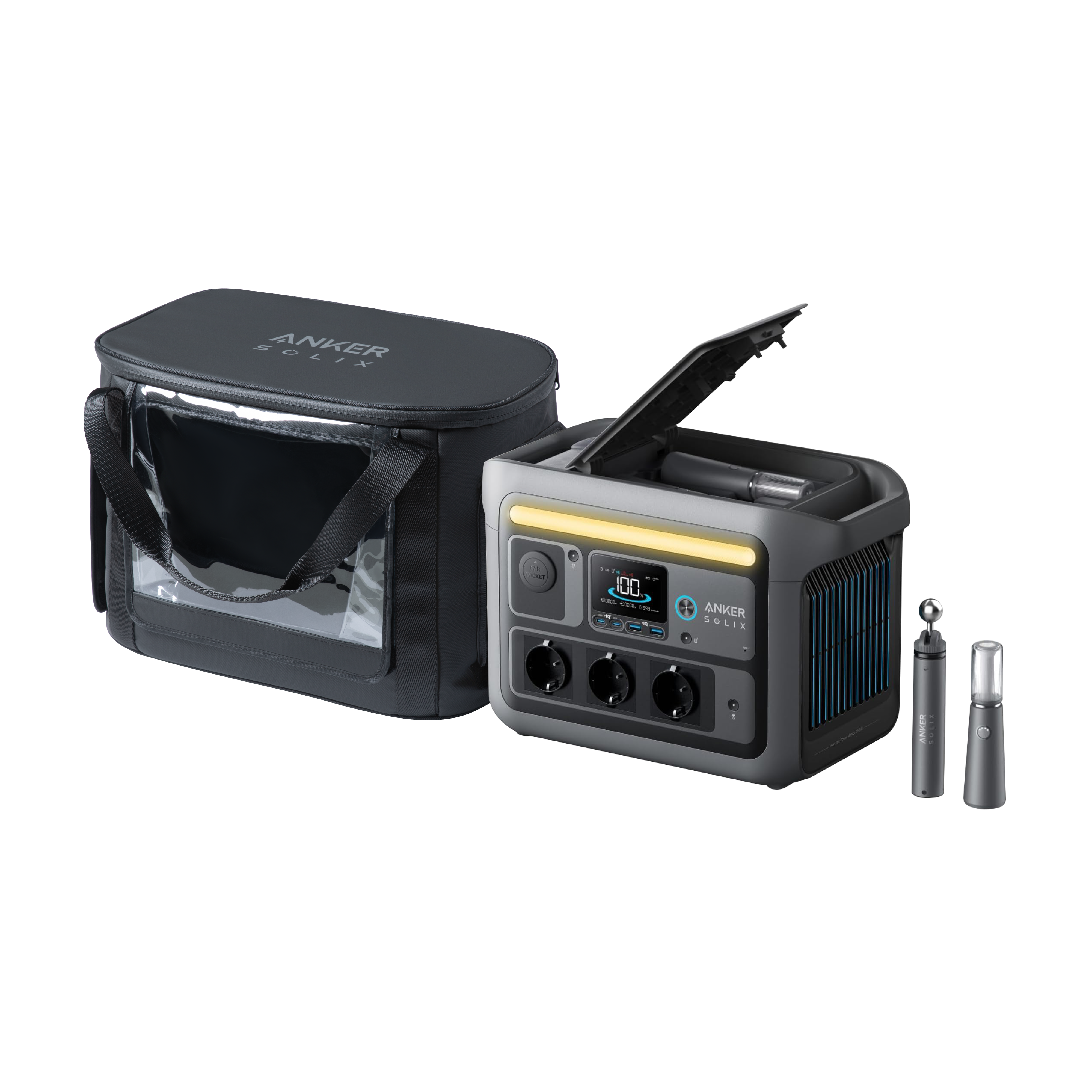 محطة طاقة محمولة Anker SOLIX C800 Plus (1200 واط / 768 واط في الساعة) مع أضواء تخييم