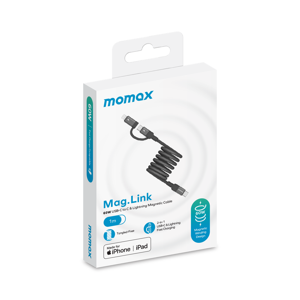 كيبل Momax Mag Link المغناطيسي  USB-C to USB-C و موصل Lightning بطول 1م