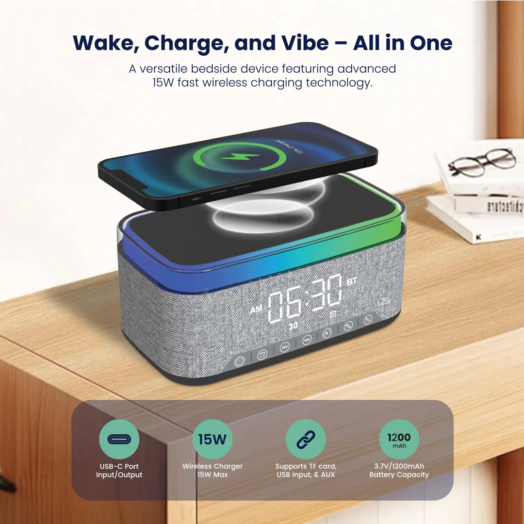 LZEL SonicGlow Wake Multifunctional Speaker – Alarm Clock & Wireless Charging Dock | Bamboo/Gray
