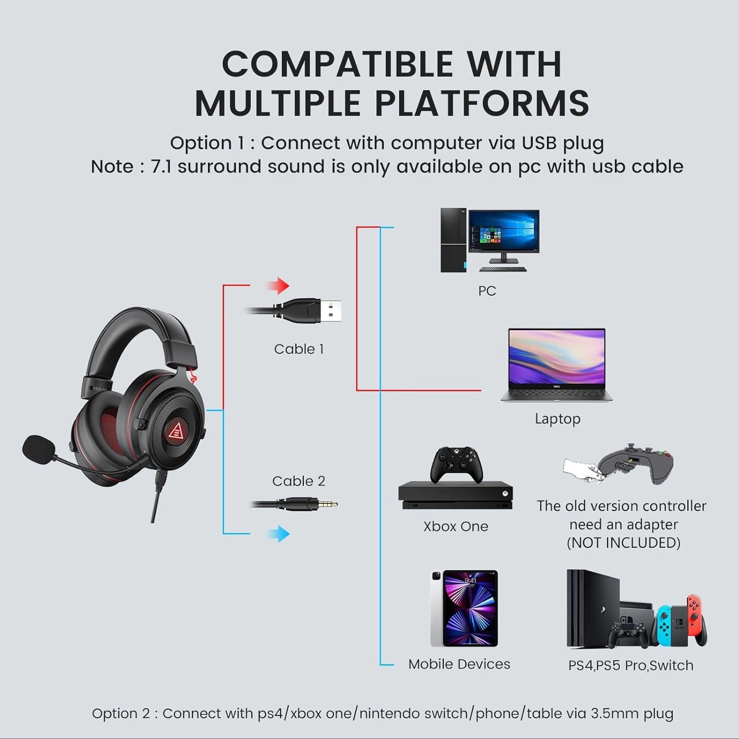 EKSA 2in1 Gaming Headset 7.1 Surround Sound With 3.5mm Jack | Black Red