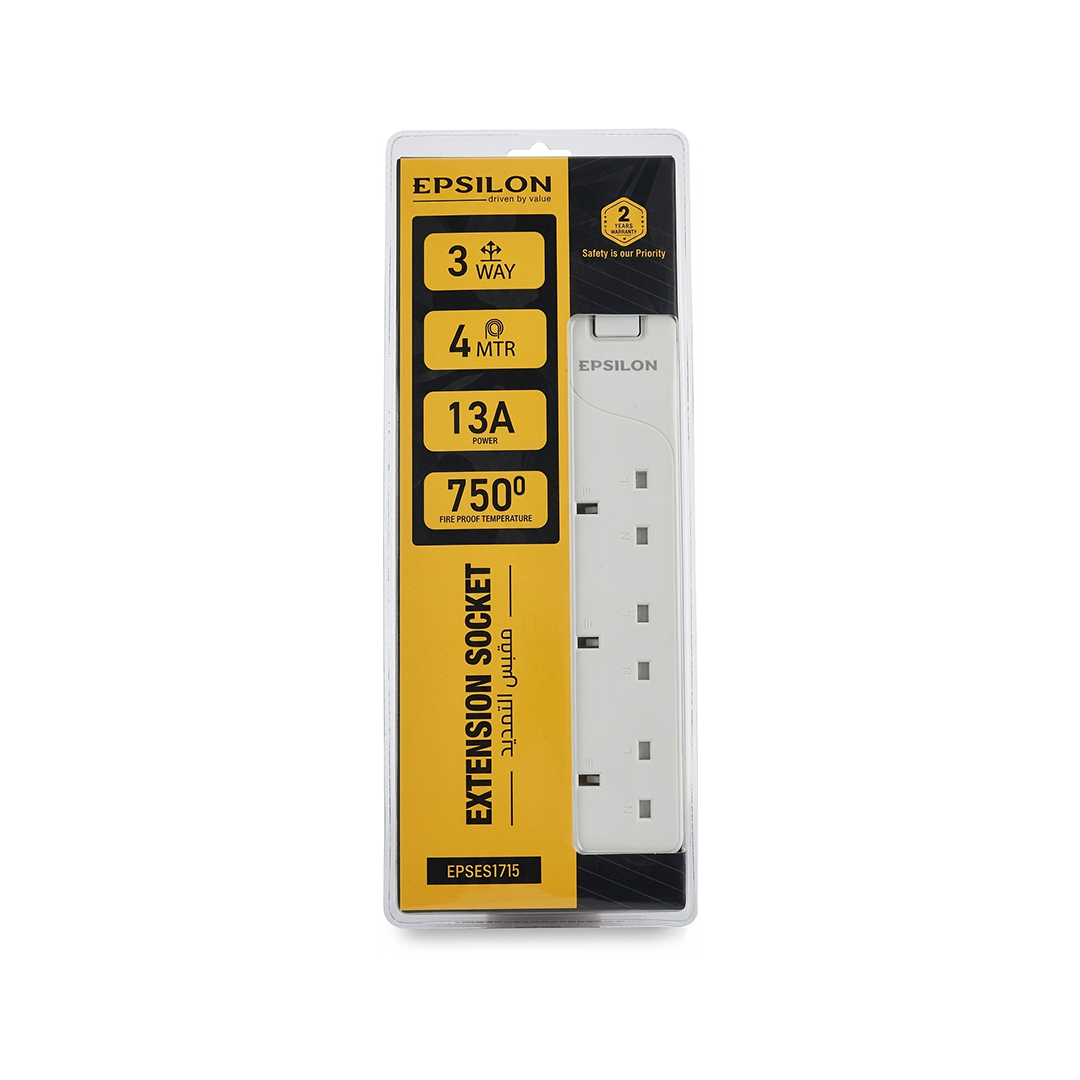 EPSILON 3-Way Extension Socket – 4M Cable | 13A