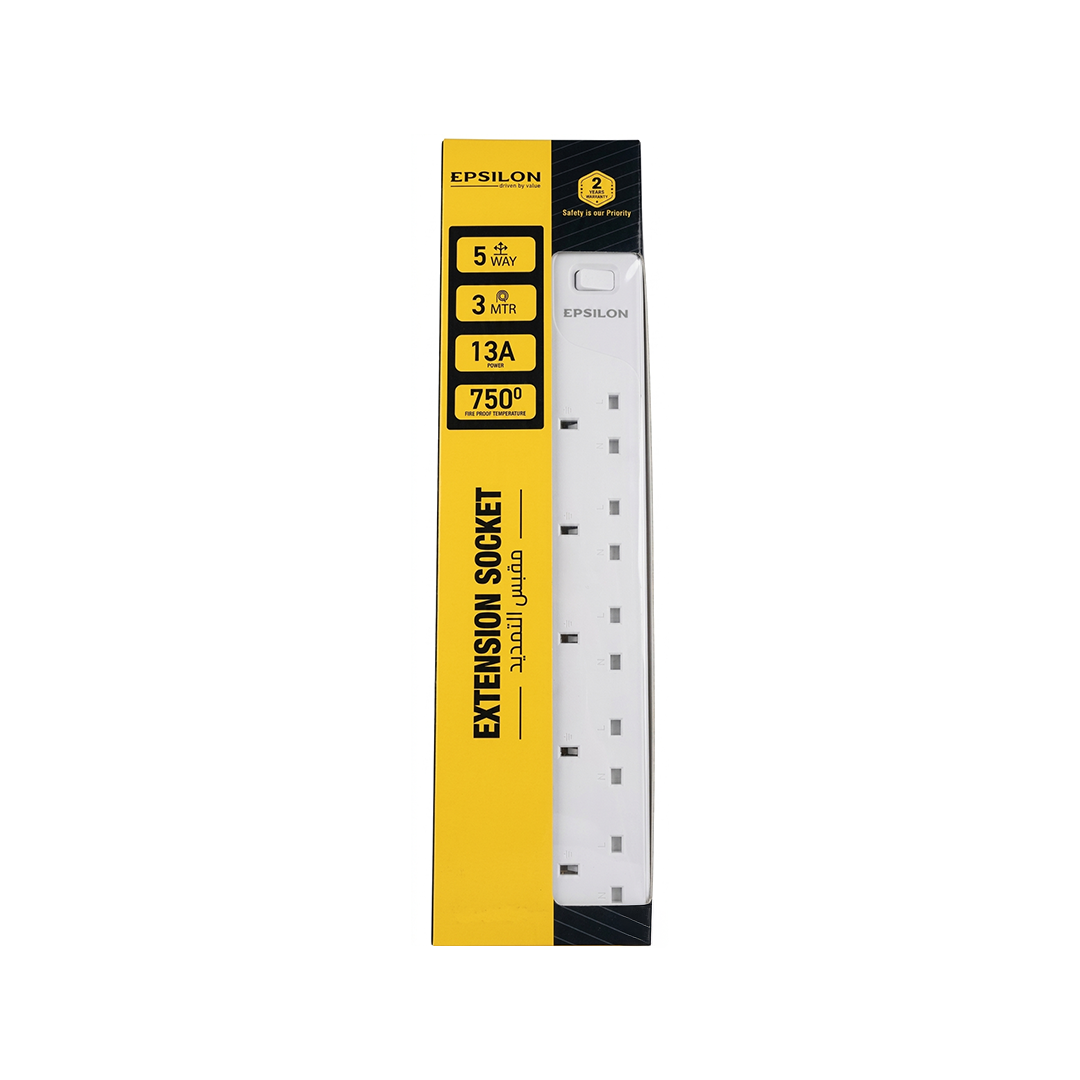 EPSILON 5-Way Extension Socket – 3M Cable | 13A
