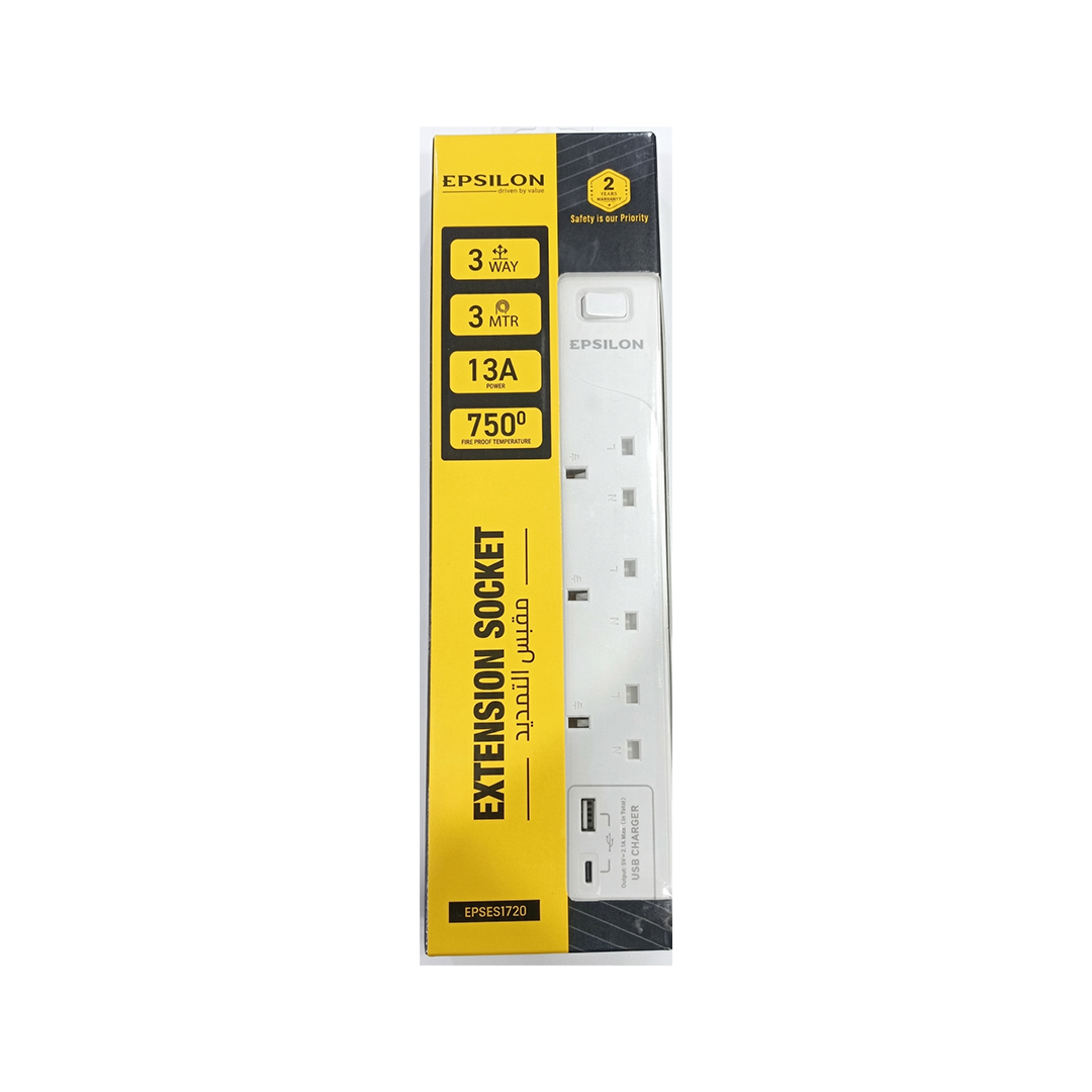 EPSILON 3-Way Extension Socket with USB Charger – 3M Cable | 13A