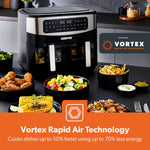 Geepas 9 L Dual Basket Digital Air Fryer Equipped with VORTEX Air Frying Technology, Oil Free Cooking| LED Display with Touch Screen, 10 Preset Cooking Modes