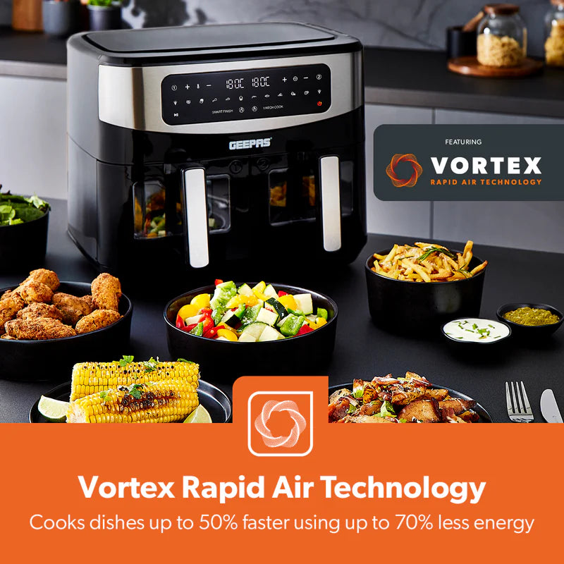 Geepas 9 L Dual Basket Digital Air Fryer Equipped with VORTEX Air Frying Technology, Oil Free Cooking| LED Display with Touch Screen, 10 Preset Cooking Modes