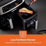 Geepas 9 L Dual Basket Digital Air Fryer Equipped with VORTEX Air Frying Technology, Oil Free Cooking| LED Display with Touch Screen, 10 Preset Cooking Modes