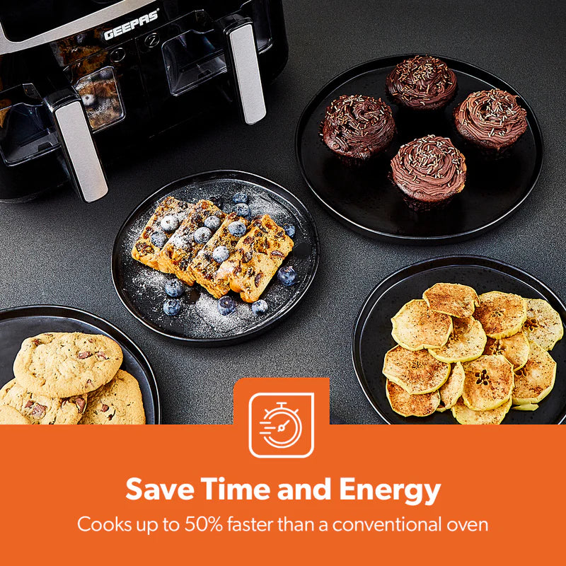 Geepas 9 L Dual Basket Digital Air Fryer Equipped with VORTEX Air Frying Technology, Oil Free Cooking| LED Display with Touch Screen, 10 Preset Cooking Modes