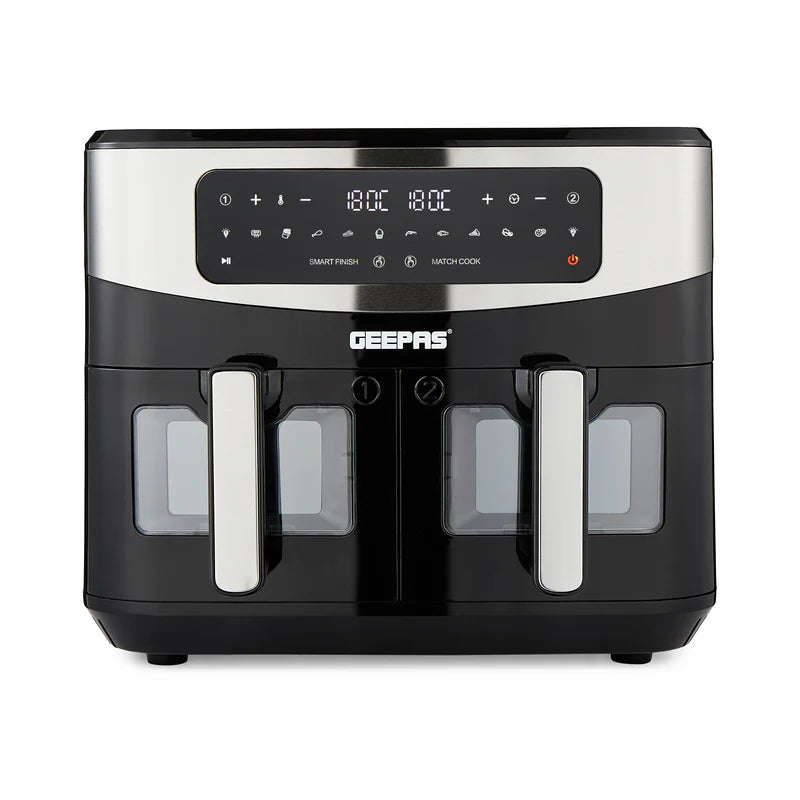 Geepas 9 L Dual Basket Digital Air Fryer Equipped with VORTEX Air Frying Technology, Oil Free Cooking| LED Display with Touch Screen, 10 Preset Cooking Modes