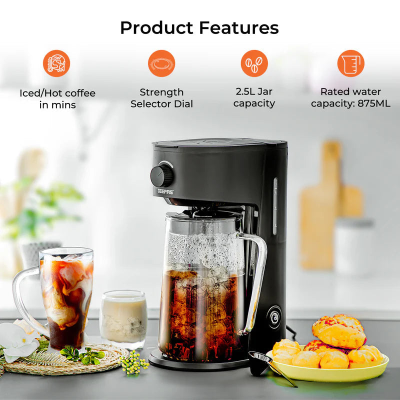 Geepas Ice Tea & Coffee Maker | 2.5L Jar Capacity & 875ml Water Tank | 700W Power | Auto Power-Off, Brew Strength Control, Nylon Filter | Easy to Use & Clean