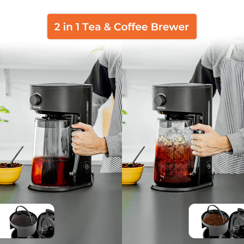 Geepas Ice Tea & Coffee Maker | 2.5L Jar Capacity & 875ml Water Tank | 700W Power | Auto Power-Off, Brew Strength Control, Nylon Filter | Easy to Use & Clean