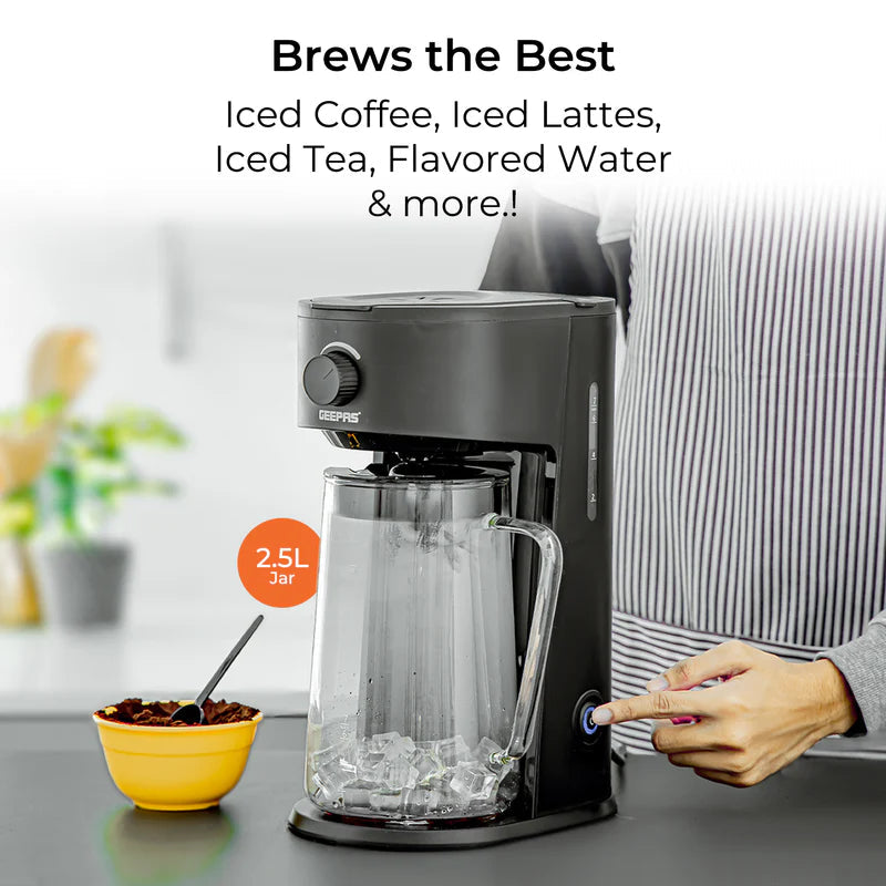 Geepas Ice Tea & Coffee Maker | 2.5L Jar Capacity & 875ml Water Tank | 700W Power | Auto Power-Off, Brew Strength Control, Nylon Filter | Easy to Use & Clean