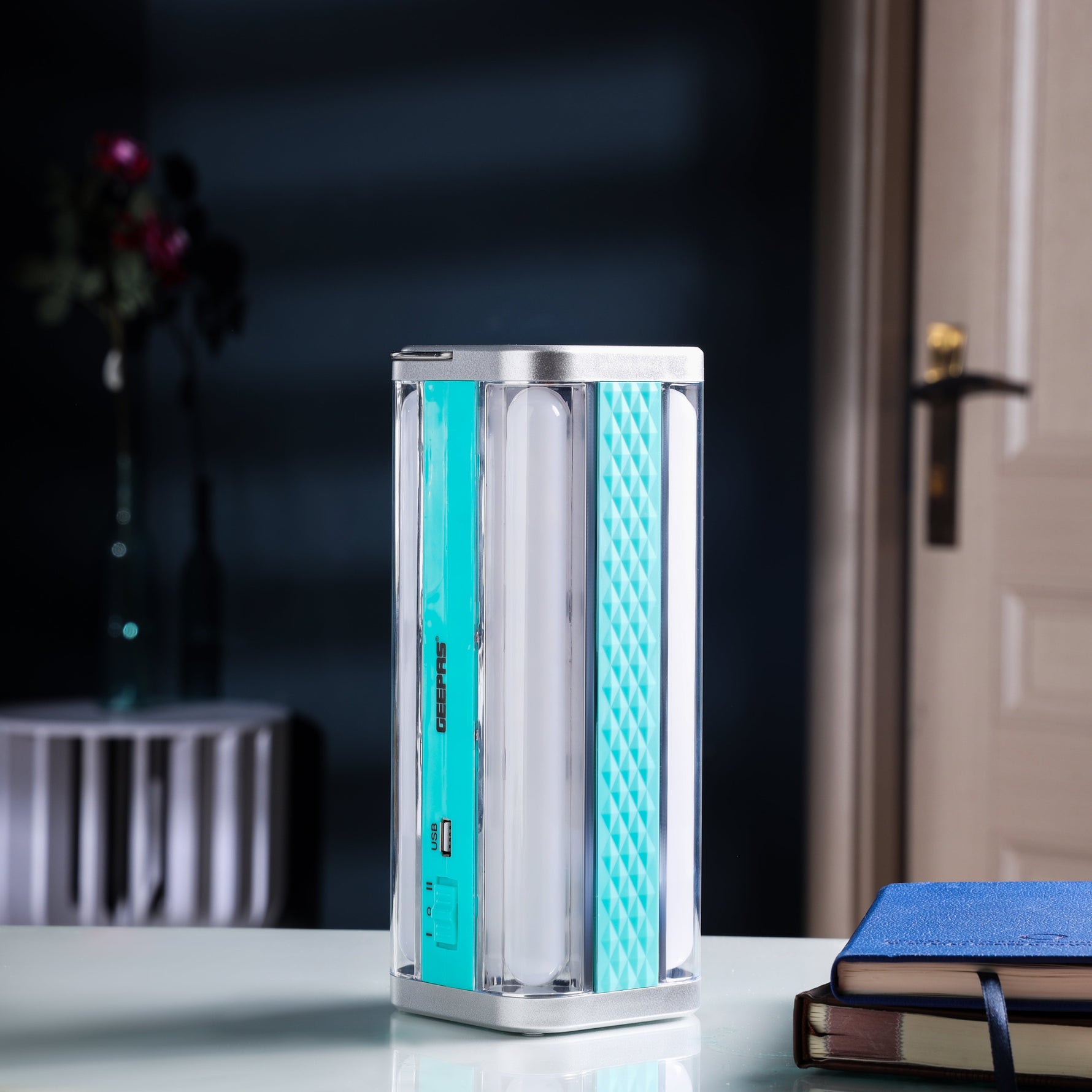 Geepas Emergency Lantern | 100 SMD LED| Solar Input| Type-C Charging| USB Output| 1800mAh Lithium Battery | Multi-Function Rechargeable Light