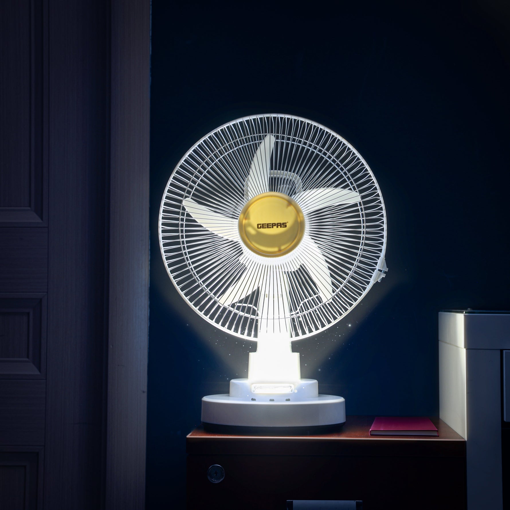 Geepas Rechargeable 12-Inch Oscillating Fan | 3-Speed Control | LED Light | Long Battery Backup | Portable Design for Home & Outdoor Use