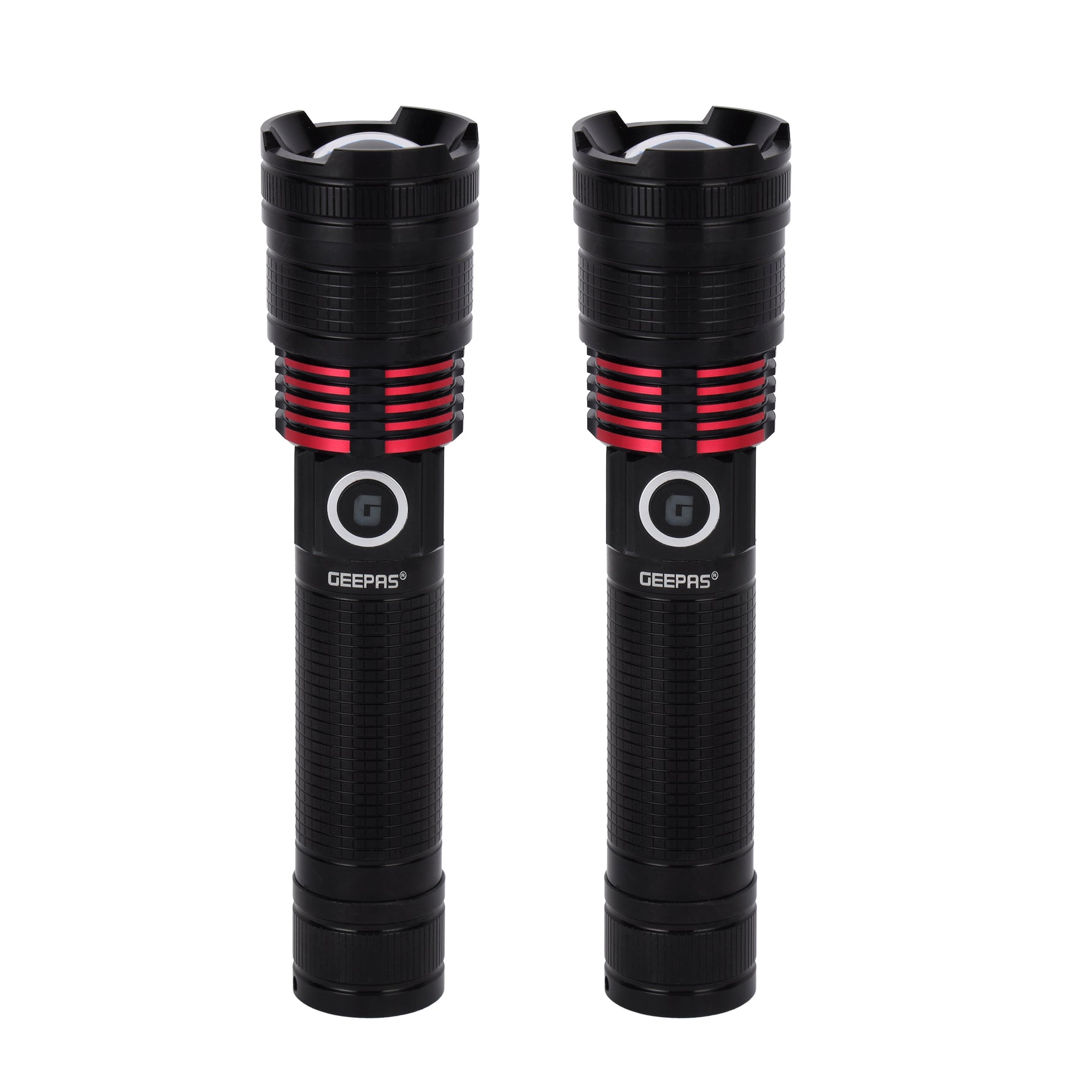 Geepas Rechargeable LED Flashlight- GFL4667/ Pack of 2, 15W, Perfect for Indoor and Outdoor Use, 5 Hours Continuous Working/ with Aluminum Housing, Lithium Battery/ Black