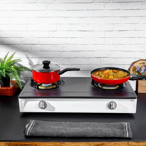 Geepas Stainless Steel Gas Cooker – 2 Cast Iron Burners, Efficient Heating