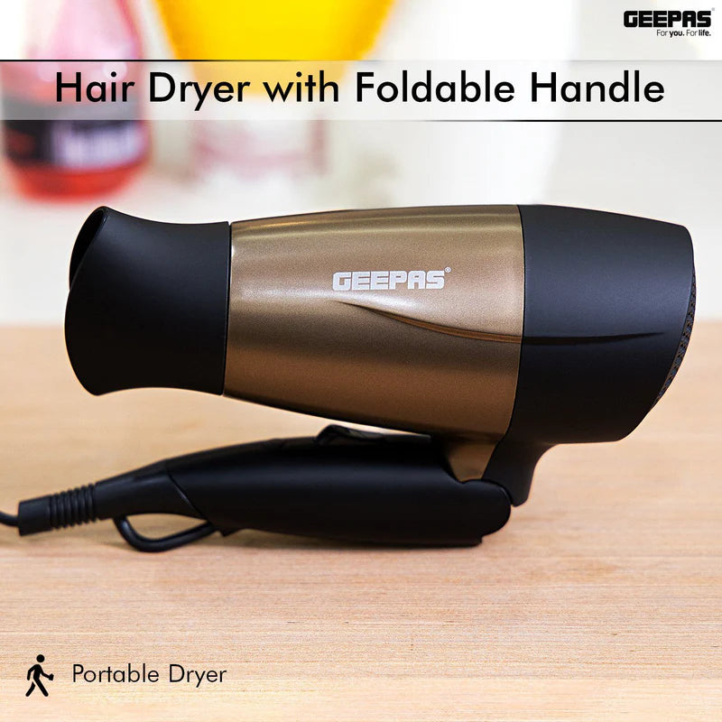 Geepas Mini Travel Hair Dryer – 1600W | 2 Speeds, 2 Heat Settings | Foldable