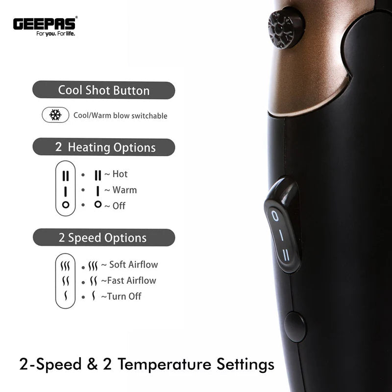 Geepas Mini Travel Hair Dryer – 1600W | 2 Speeds, 2 Heat Settings | Foldable