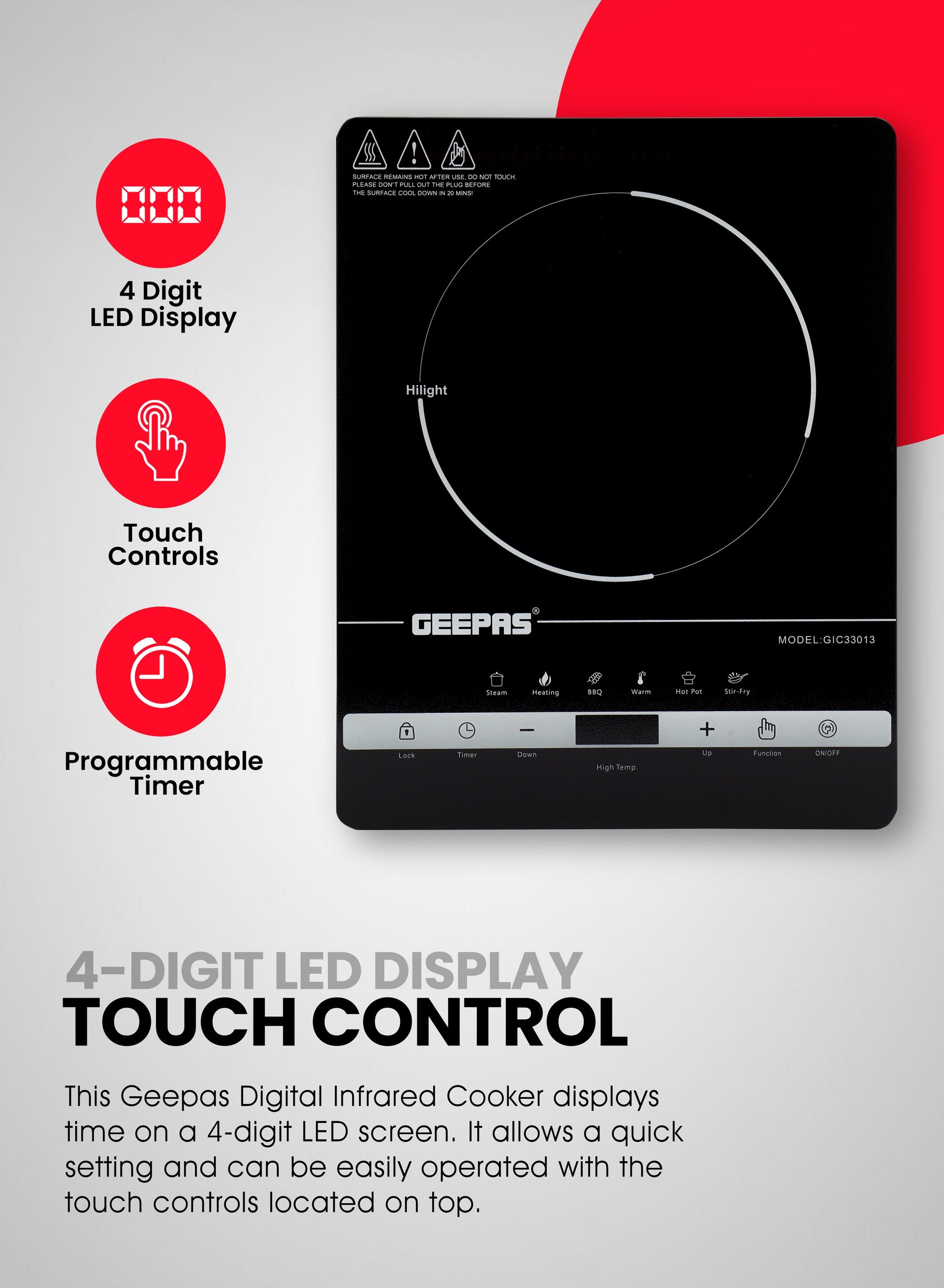 Geepas Digital Infrared Cooker | 2000W Ceramic Heating Element | Touch Control | LED Display| 10 Adjustable Power Levels| Timer, Safety Protection