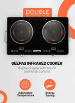 Geepas Digital Infrared Cooker |3600W Double Cooking Hob | Dual Ceramic Plates| Touch & Knob Control | Digital Display | Timer | Safety Protection