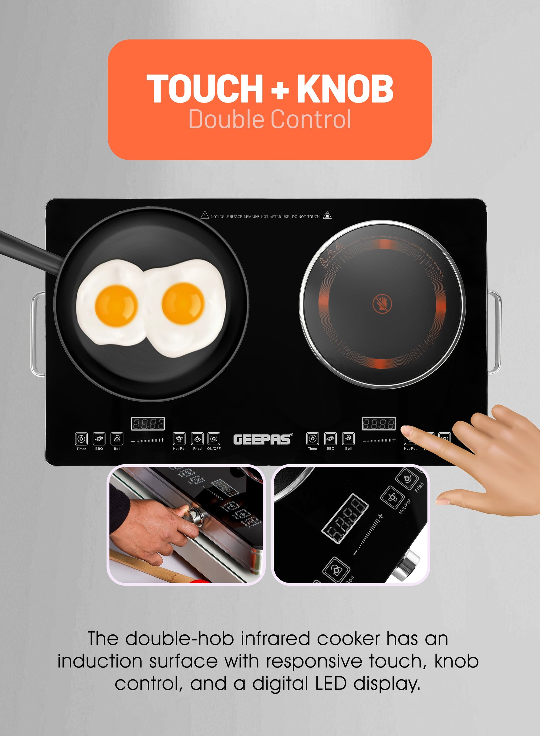 Geepas Digital Infrared Cooker |3600W Double Cooking Hob | Dual Ceramic Plates| Touch & Knob Control | Digital Display | Timer | Safety Protection