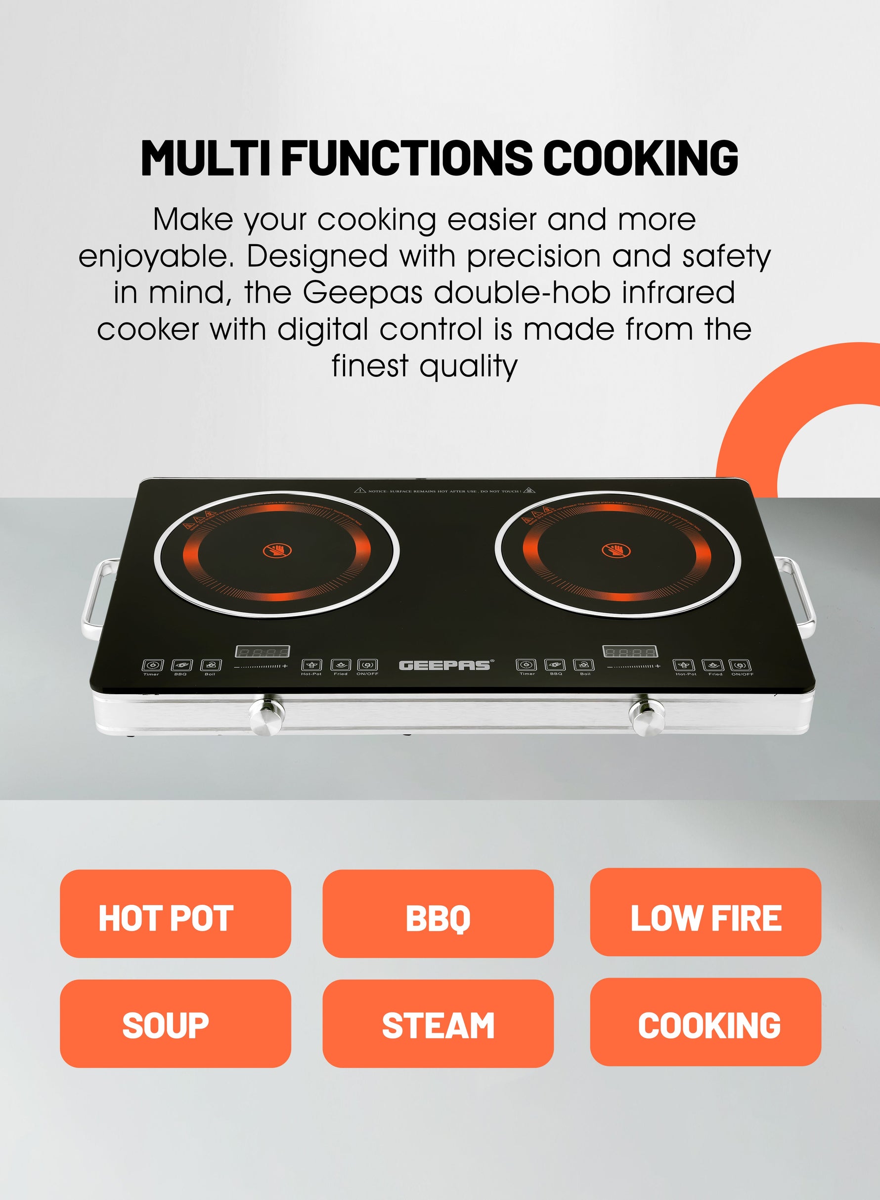 Geepas Digital Infrared Cooker |3600W Double Cooking Hob | Dual Ceramic Plates| Touch & Knob Control | Digital Display | Timer | Safety Protection