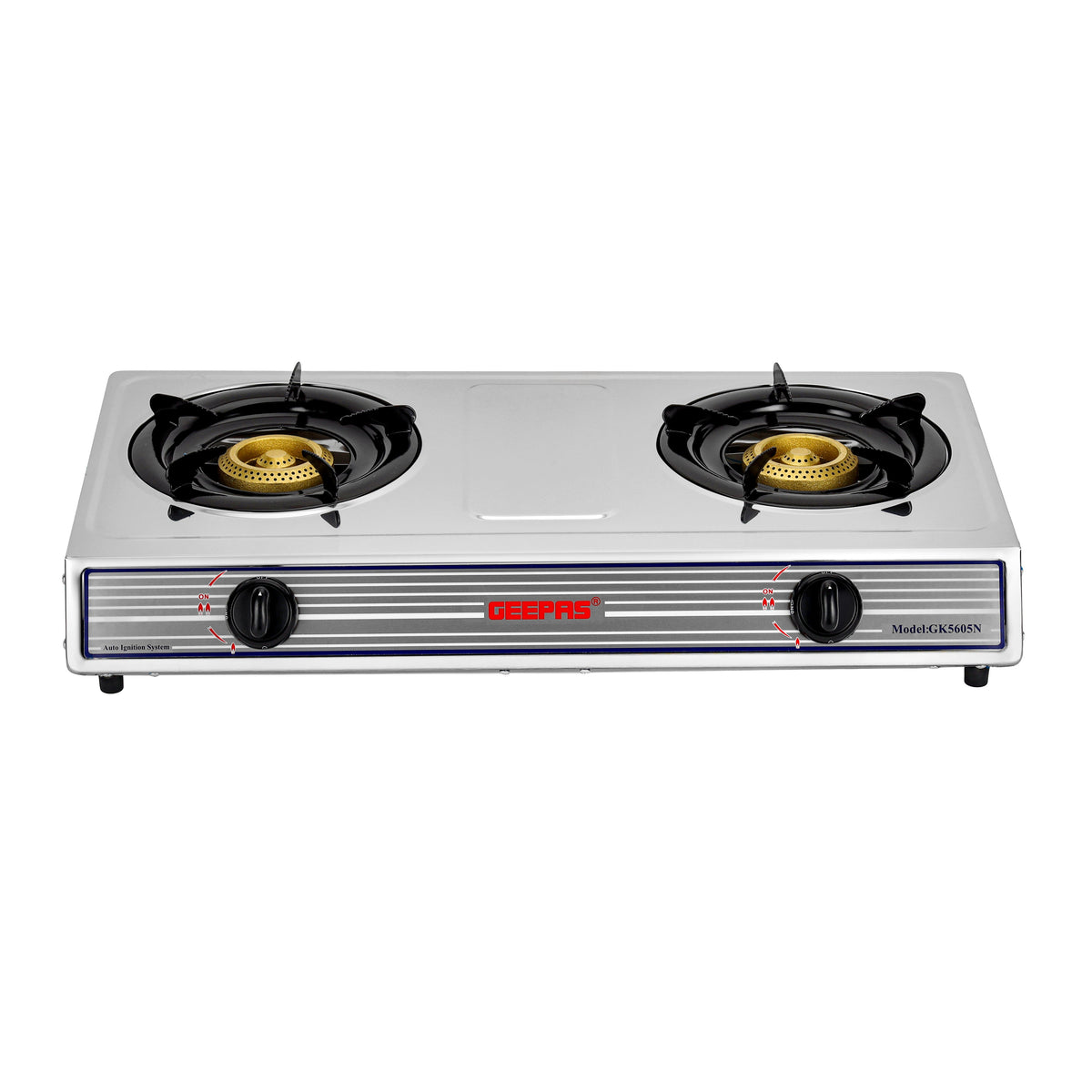 Geepas Stainless Steel Gas Cooker / Double Cast Iron Burner Stovetop| Low Gas Consumption | Efficient Heating | Auto Ignition System | LPG Stove | Silver