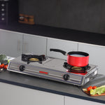 Geepas Stainless Steel Gas Cooker / Double Cast Iron Burner Stovetop| Low Gas Consumption | Efficient Heating | Auto Ignition System | LPG Stove | Silver