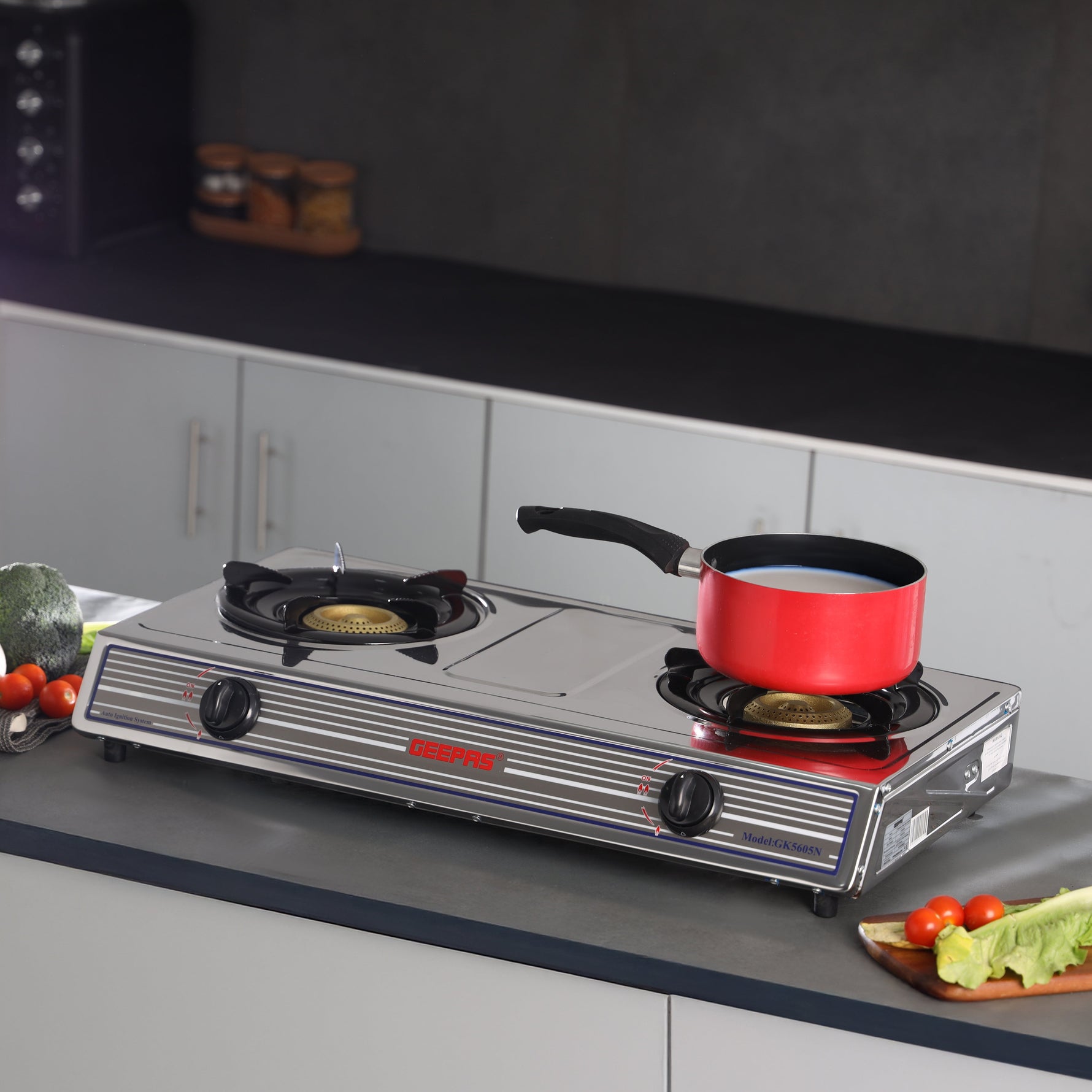 Geepas Stainless Steel Gas Cooker / Double Cast Iron Burner Stovetop| Low Gas Consumption | Efficient Heating | Auto Ignition System | LPG Stove | Silver