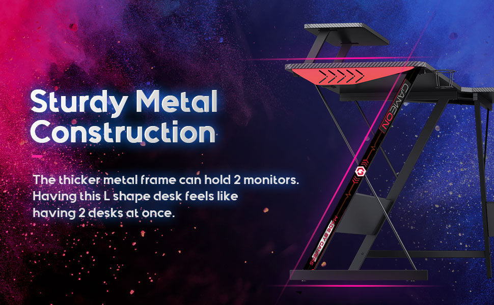 GAMEON L-Shaped Slayer I Series Gaming Desk (Size: 129*129*74cm & Table top 80*46cm) With Headset Hook, Cup Holder & Accessories Stand | Black