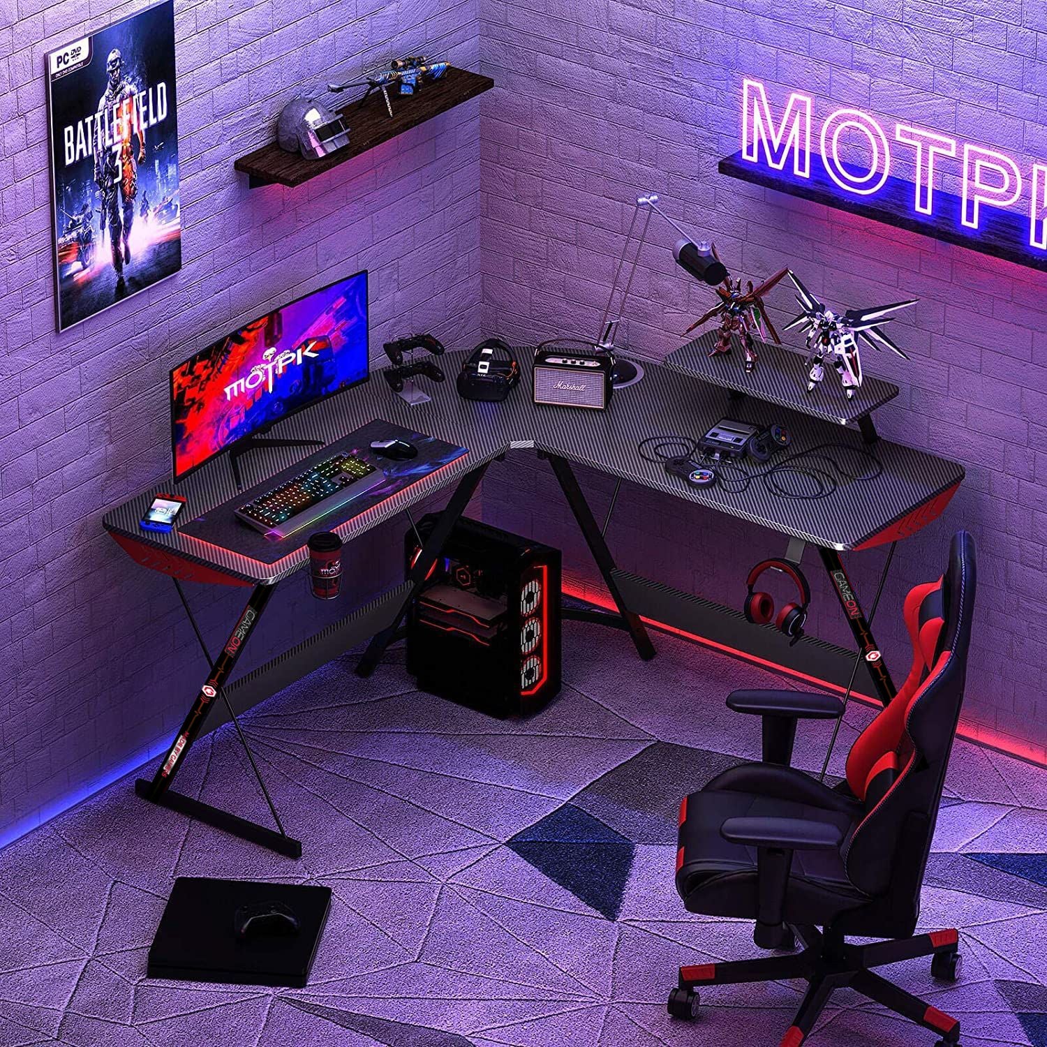 GAMEON L-Shaped Slayer I Series Gaming Desk (Size: 129*129*74cm & Table top 80*46cm) With Headset Hook, Cup Holder & Accessories Stand | Black