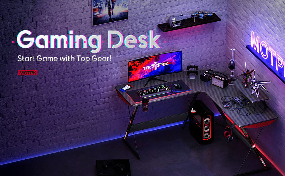 GAMEON L-Shaped Slayer I Series Gaming Desk (Size: 129*129*74cm & Table top 80*46cm) With Headset Hook, Cup Holder & Accessories Stand | Black