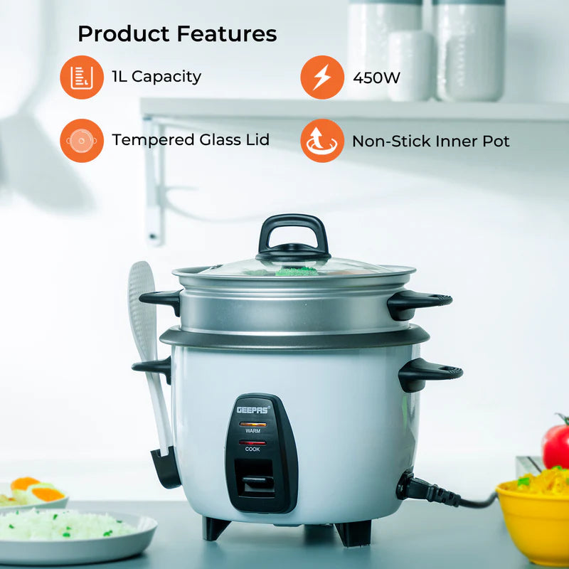 Geepas Multi-Function Rice Cooker | 1L Capacity| Perfect for Cooking, Steaming & Keeping Food Warm | Energy Efficient & Easy to Clean Design