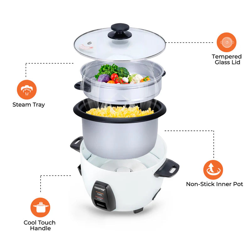 Geepas Multi-Function Rice Cooker | 1L Capacity| Perfect for Cooking, Steaming & Keeping Food Warm | Energy Efficient & Easy to Clean Design