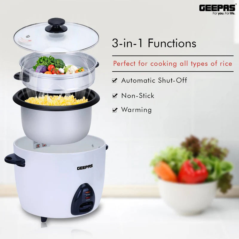 Geepas Automatic Rice Cooker | 1.5L Capacity | 500W Power | 3-in-1 Function Cook, Steam & Keep Warm | Durable Non-Stick Inner Pot