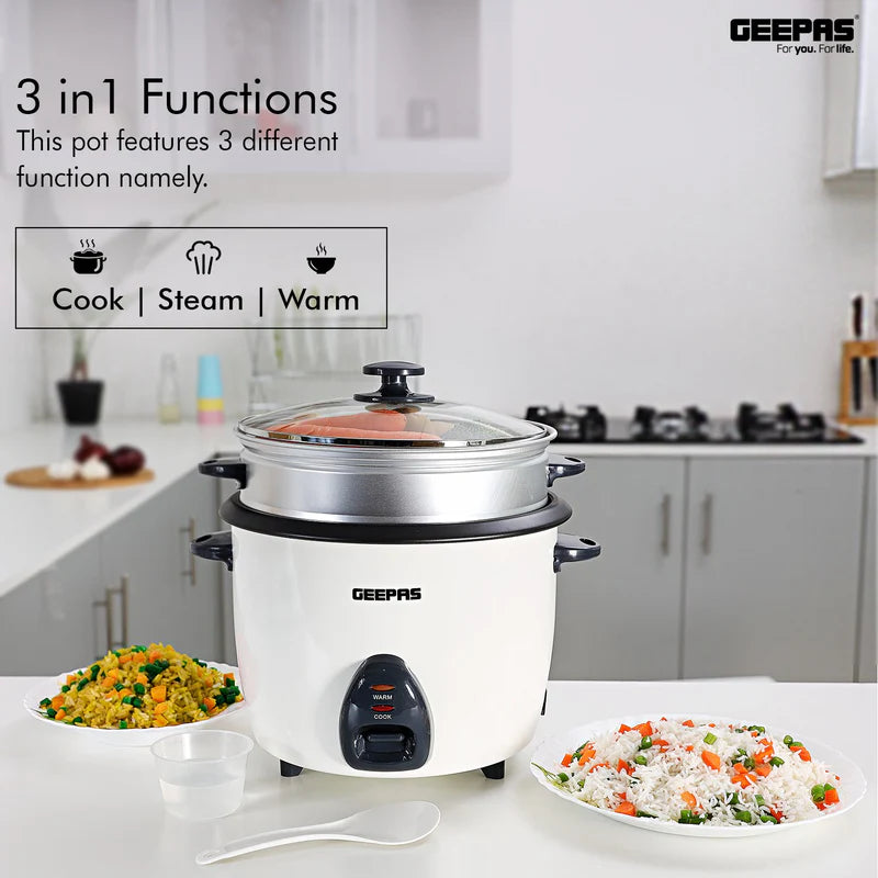 Geepas Automatic Rice Cooker | 1.5L Capacity | 500W Power | 3-in-1 Function Cook, Steam & Keep Warm | Durable Non-Stick Inner Pot