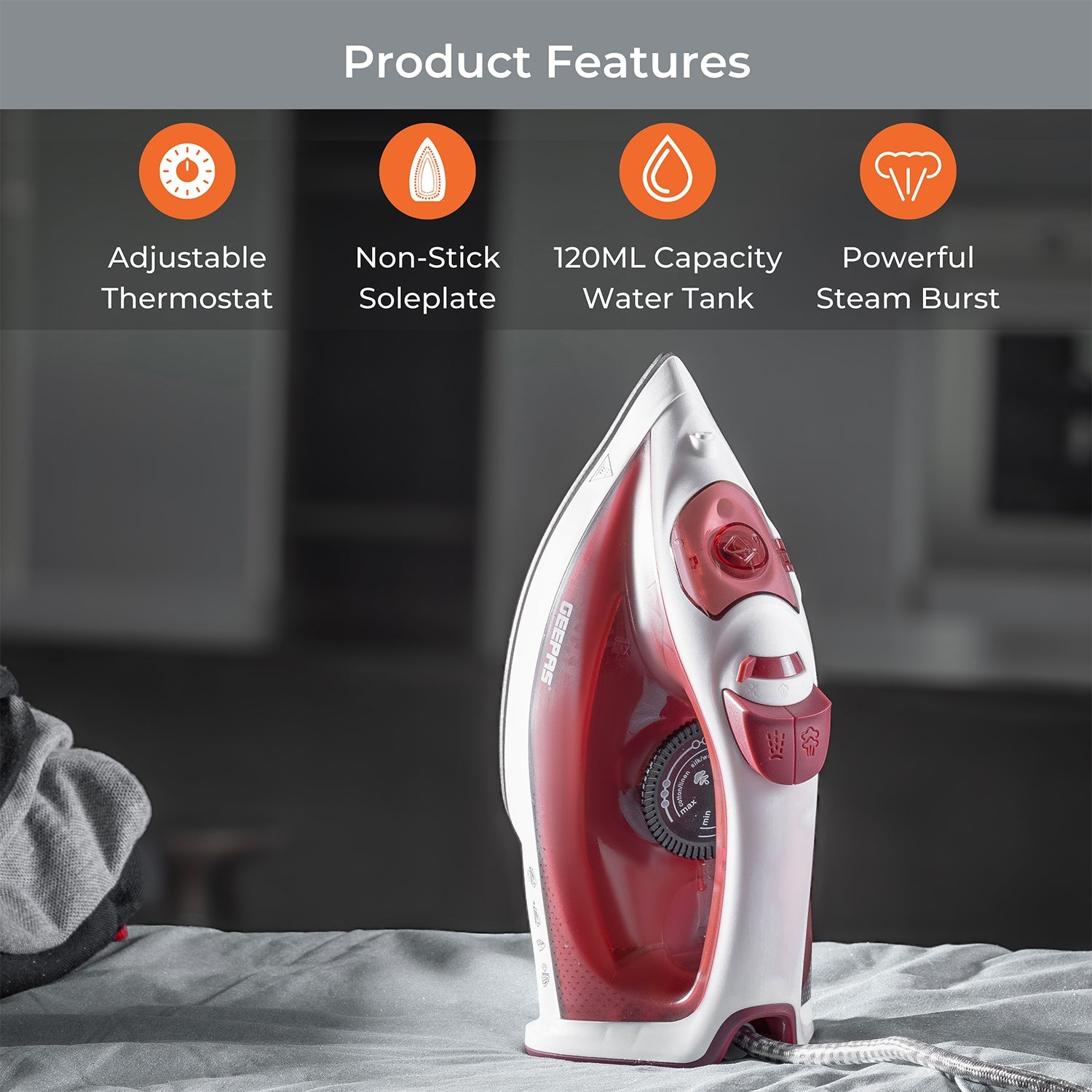 Geepas  Steam Iron – Non-Stick Soleplate, Comfortable Handle, 120ml Water Tank, Multi-Function