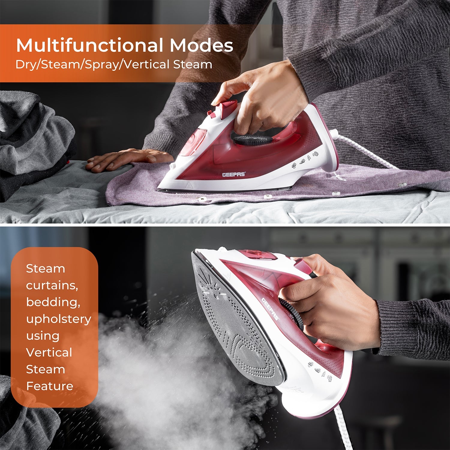 Geepas  Steam Iron – Non-Stick Soleplate, Comfortable Handle, 120ml Water Tank, Multi-Function