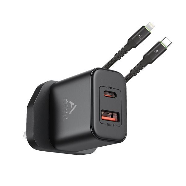 شاحن حائط من  أسلي جلوبال 20 واط مع كيبل USB-C إلى Lightning بطول 1 متر |أسود