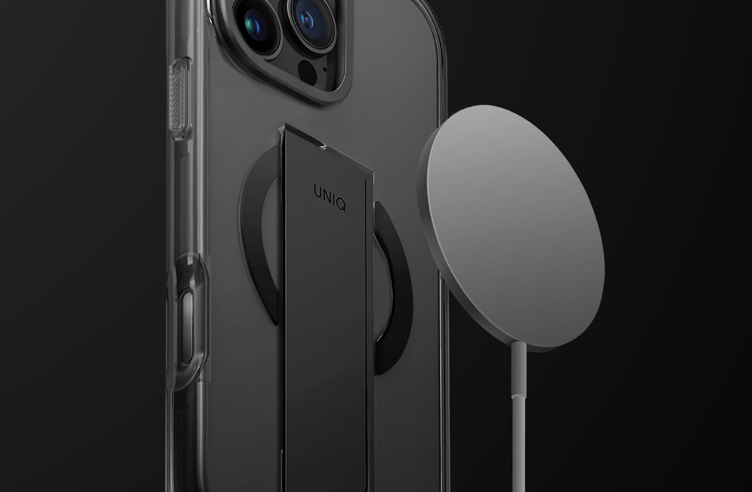 Uniq Heldro Mag iPhone 15 Pro Case With Integrated Flex Grip Band | Smoke