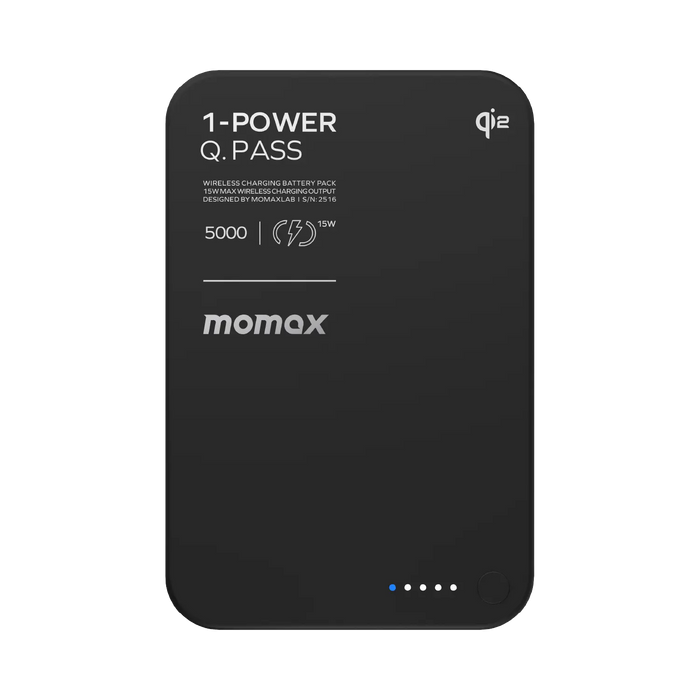 باور بانك Momax 1-Power Q.Pass بسعة 5000 مللي أمبير، شحن لاسلكي مغناطيسي Qi2، نحيف للغاية | أسود