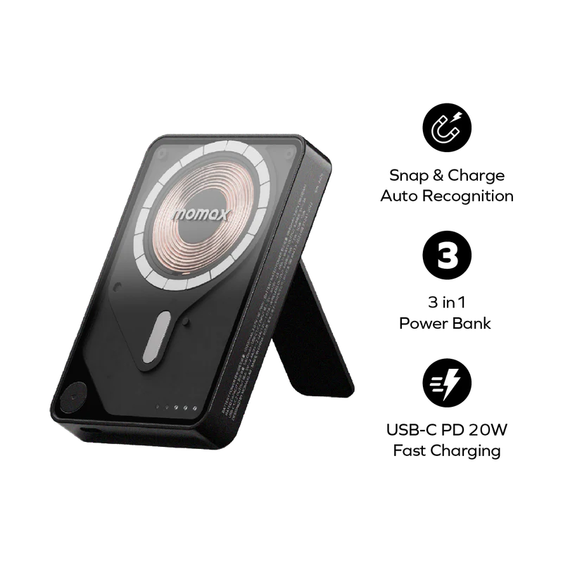 بطارية لاسلكية مغناطيسية مع كيبل USB-C مدمج من موماكس 1-Power X Pro سعة البطارية 10000 مللي أمبير | أسود