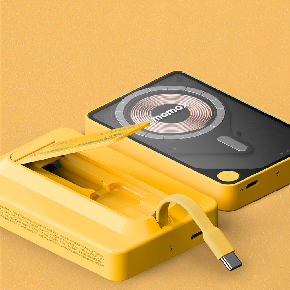 بطارية لاسلكية مغناطيسية مع كيبل USB-C مدمج من موماكس 1-Power X Pro سعة البطارية 10000 مللي أمبير | أصفر