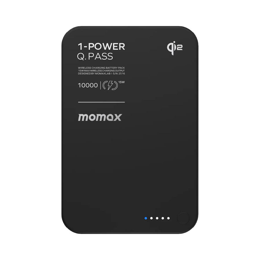 باور بانك Momax 1-Power Q.Pass بسعة 10000 مللي أمبير، شحن لاسلكي مغناطيسي Qi2، نحيف للغاية | أسود
