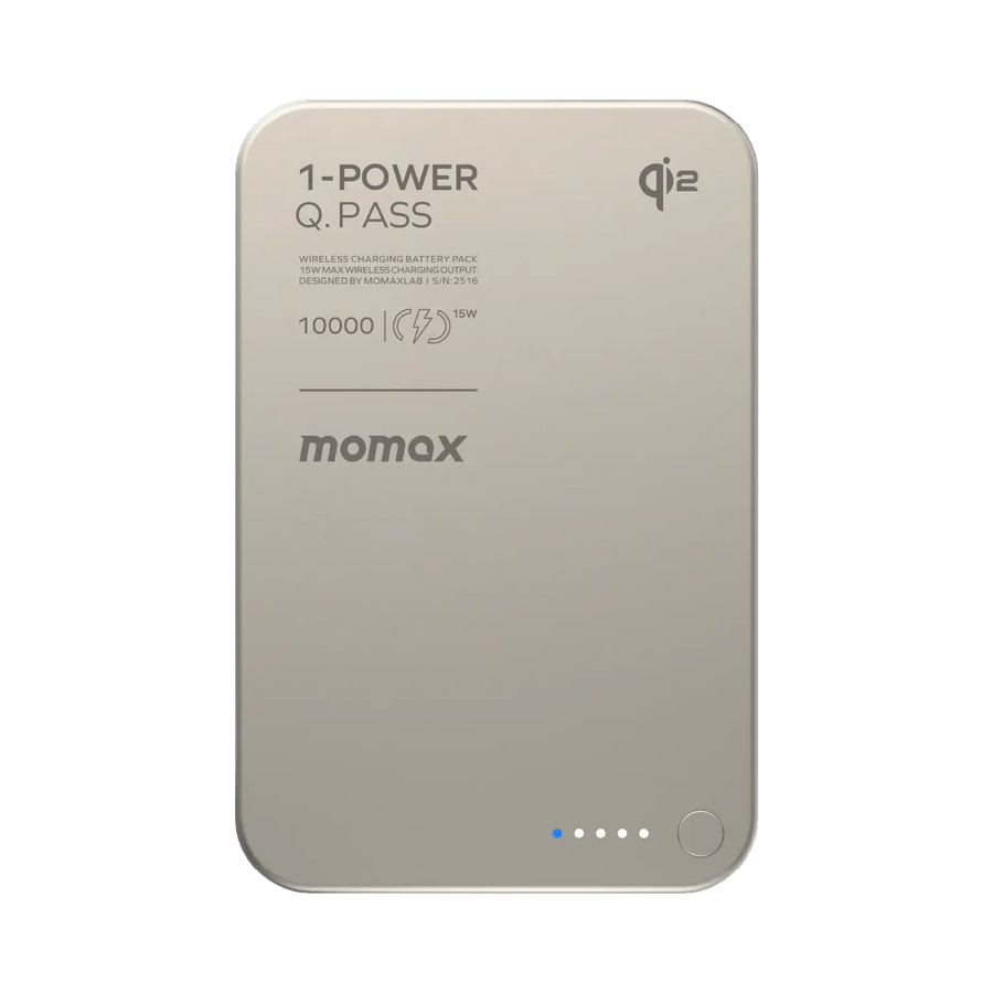 باور بانك Momax 1-Power Q.Pass بسعة 10000 مللي أمبير، شحن لاسلكي مغناطيسي Qi2، نحيف للغاية | تيتانيوم